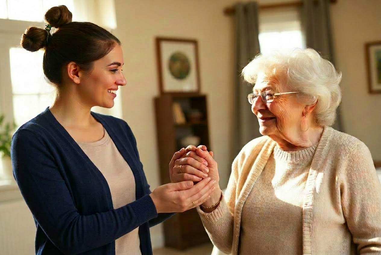 Caregiver holding the hand of a senior at home